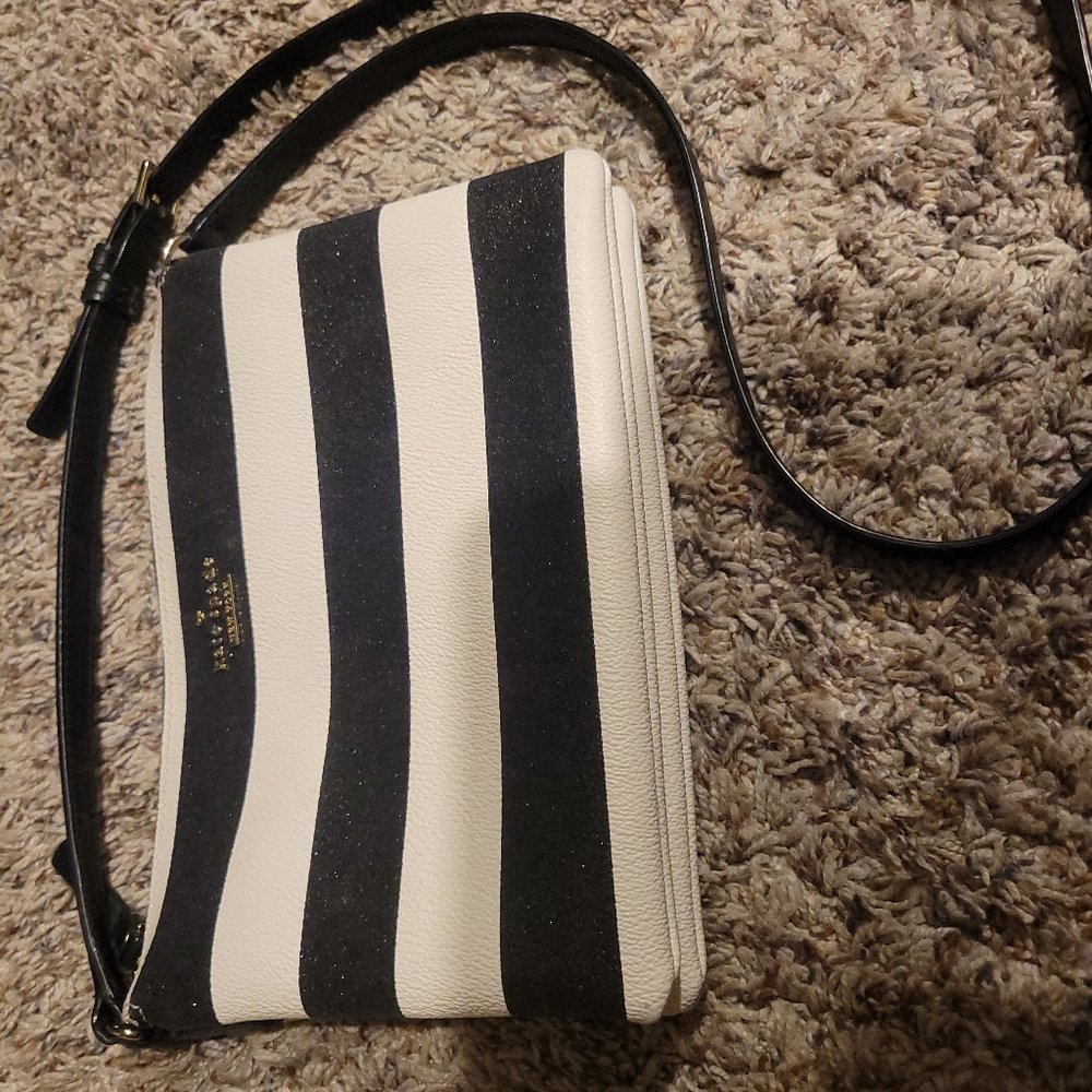 Kate Spade Black and White Glitter Striped Crossbody Bag